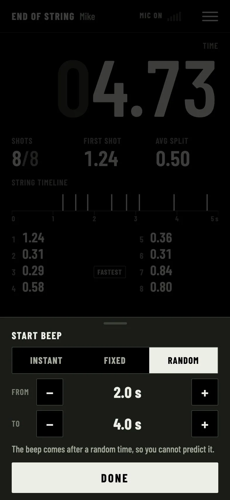 Start beep settings. Random, from 2.0 to 4.0 s.