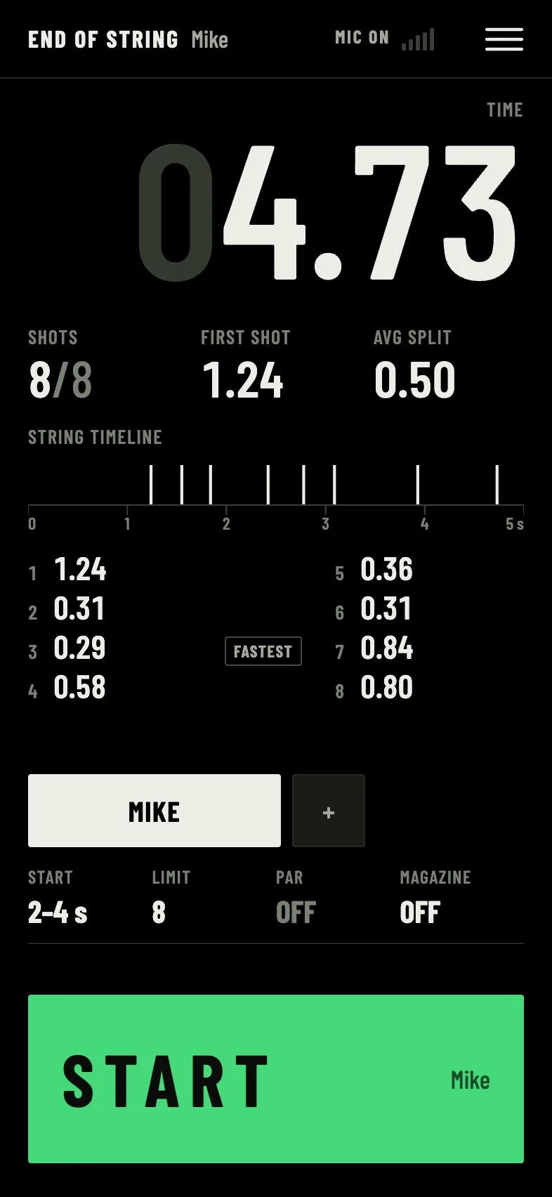 The timer screen in the app. A 4.73 string, 8 of 8 shots, first shot 1.24, average split 0.50, the string on a timeline and the list of splits, Mike shooting.